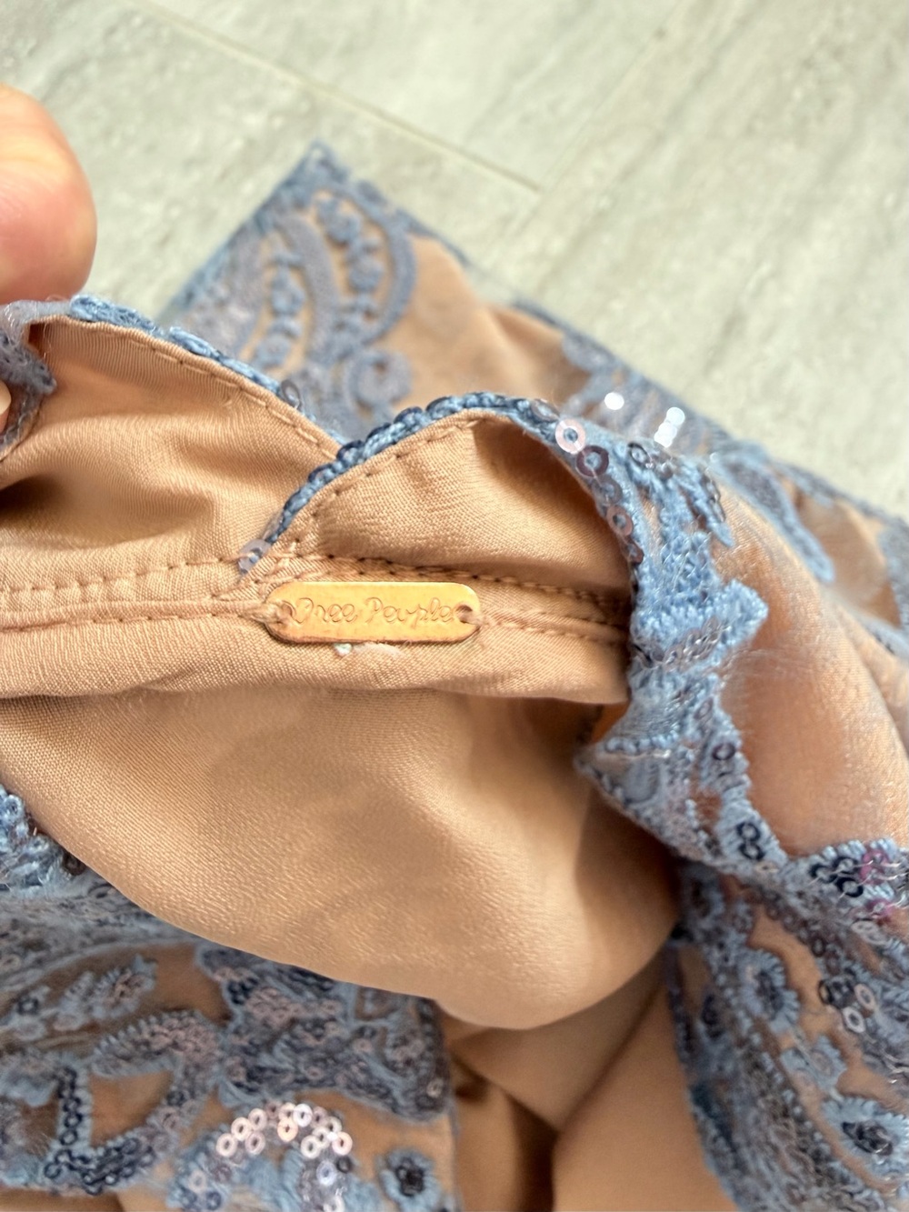 Free People Blue Sequin Lace Mesh Mini Slip Dress Nude Lined Women’s US 8 - Picture 7 of 12
